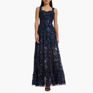 Dress the Population Anabel Floral Sequin Embroidered Gown Navy Prom Formal M